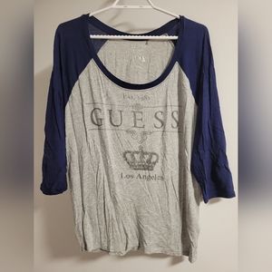 Guess 3/4 Sleeve Length Shirt, Large, Navy Blue and Gray